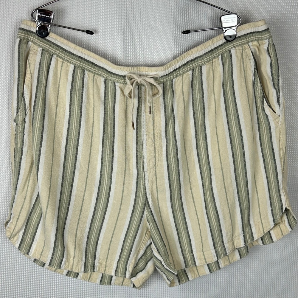 Terra & Sky Womens Plus 2X Green Cream Striped Linen Blend Drawstring Shorts